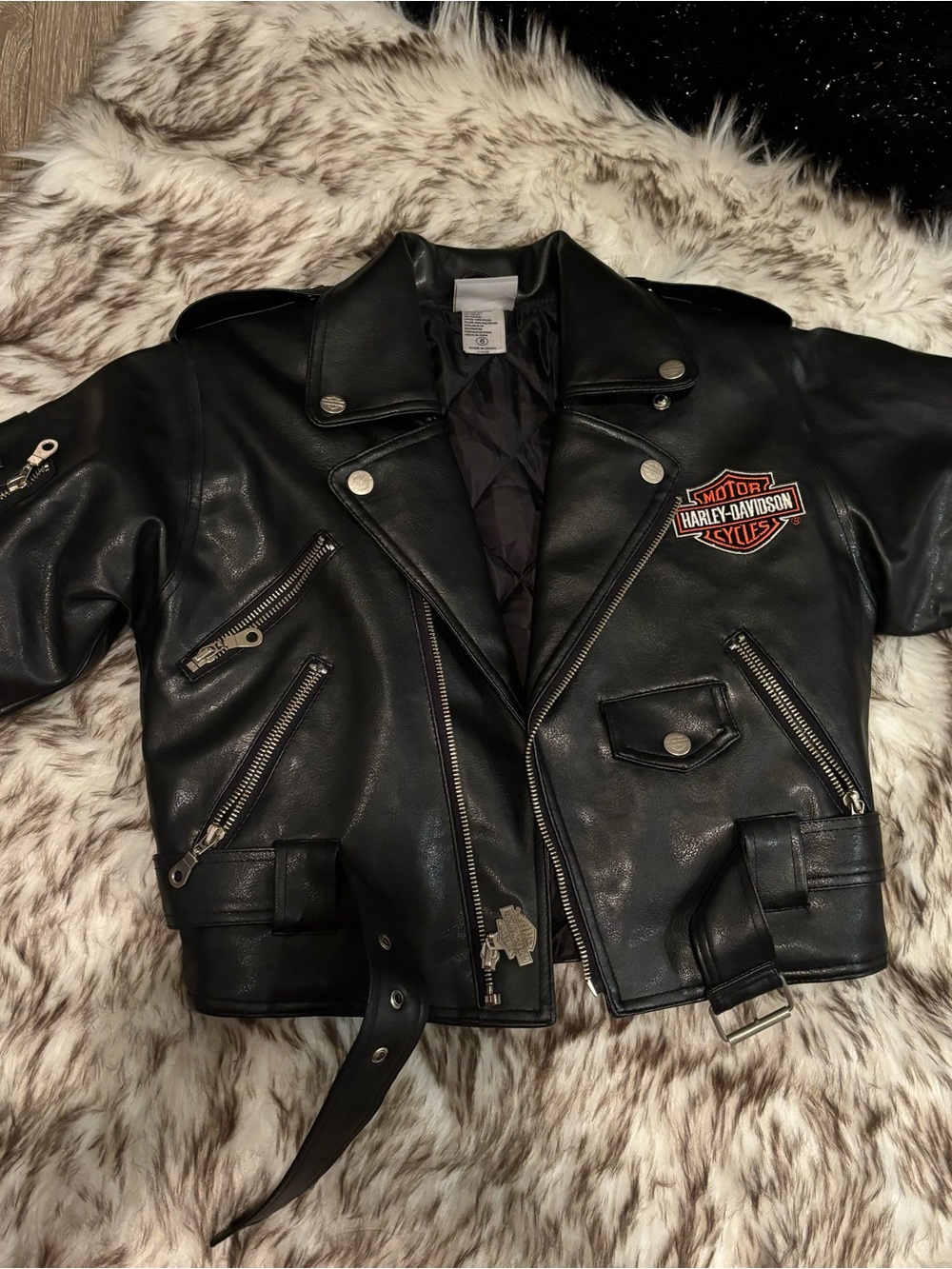 Harley-Davidson Black Leather Motorcycle Jacket with Orange Patch